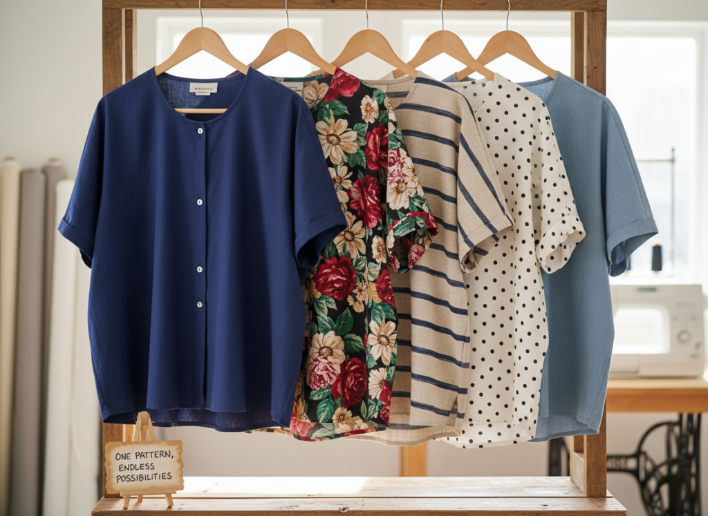 same top pattern in different fabric variations