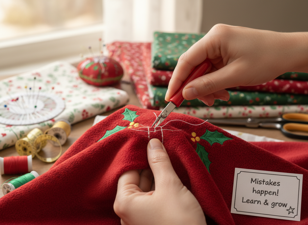 seam ripper being used to correct sewing mistake on christmas fabric