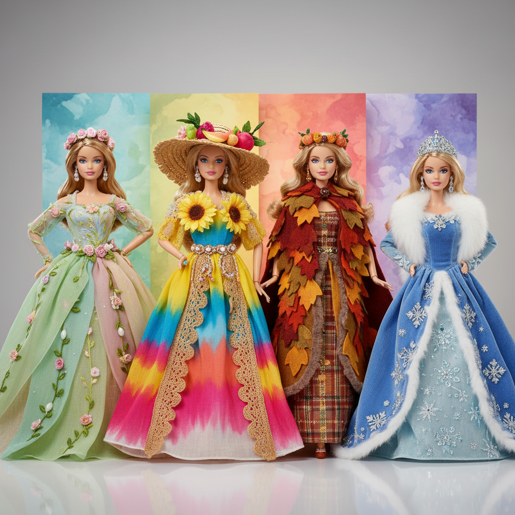 seasonal barbie outfits on display