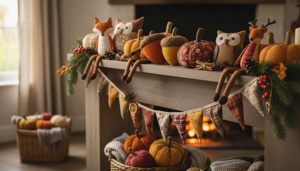 seasonal fabric decorations including ornaments and garlands