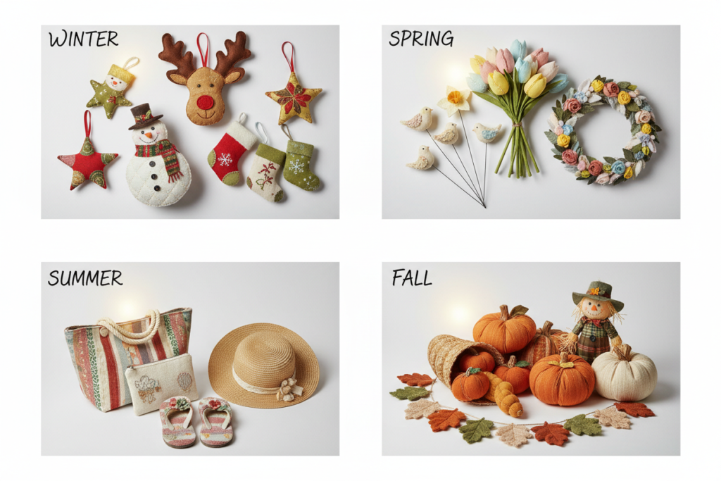 seasonal handmade items displayed for different holidays and occasions