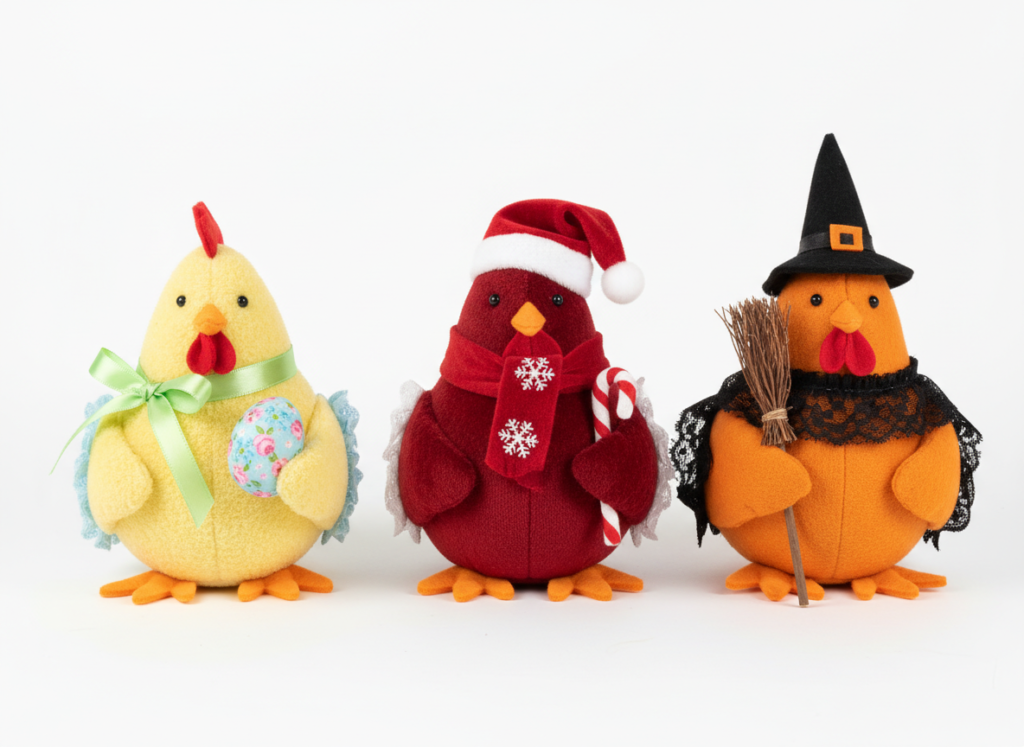 seasonal themed stuffed chickens for Easter, Christmas and Halloween