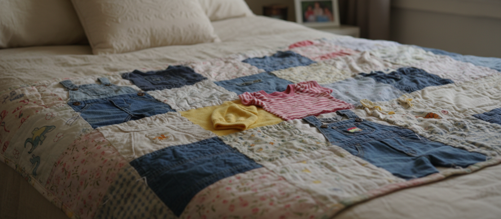 sentimental memory quilt made from baby clothes and special garments