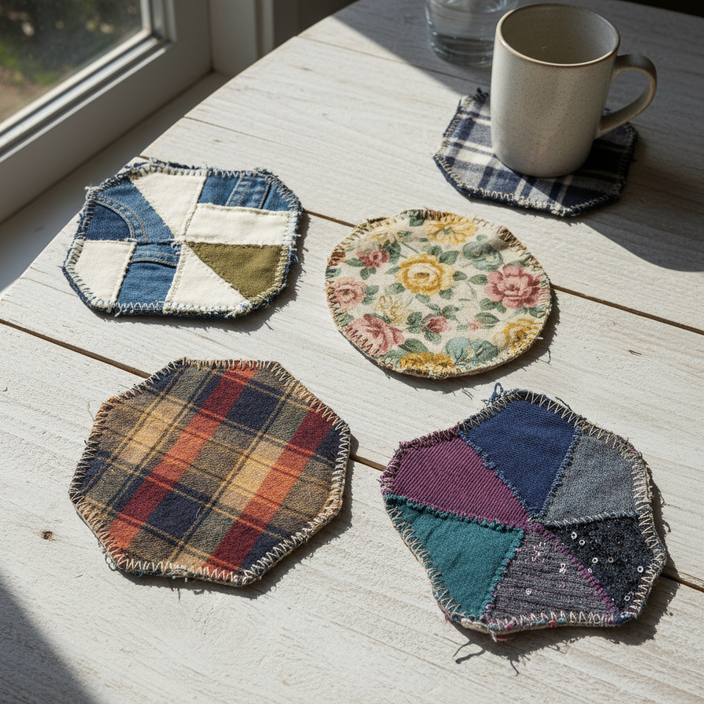 set of colorful fabric coasters made from clothing scraps