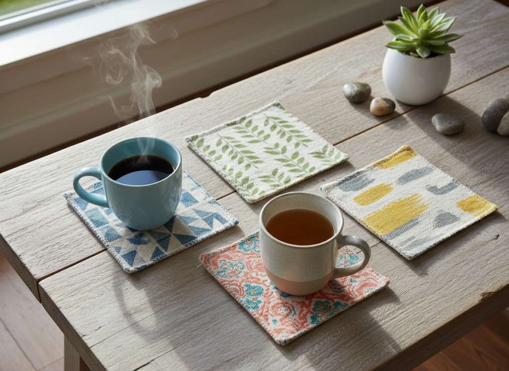 set of colorful fabric coasters on table