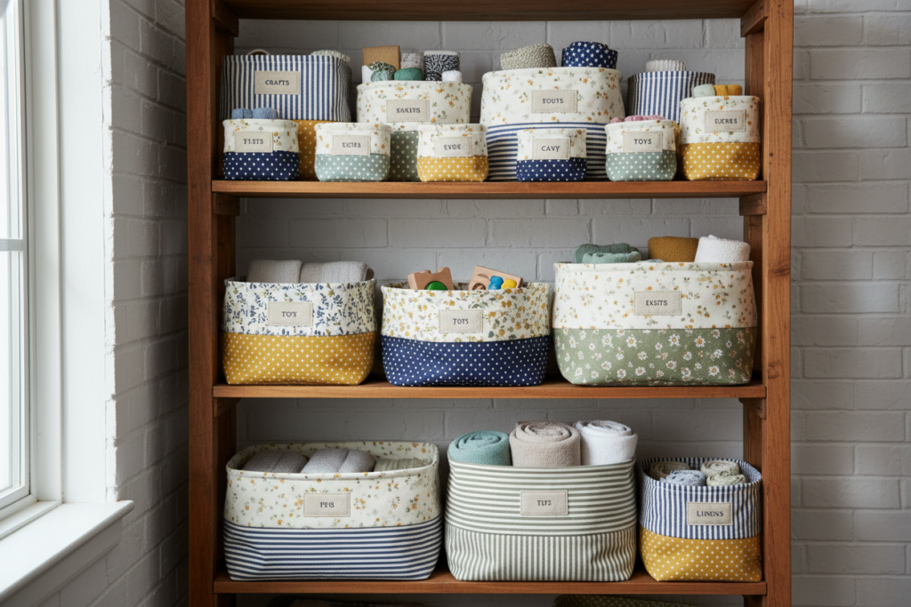 set of coordinated fabric storage baskets