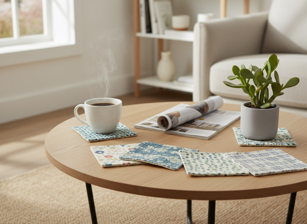 set of decorative fabric coasters with various patterns arranged on a coffee table