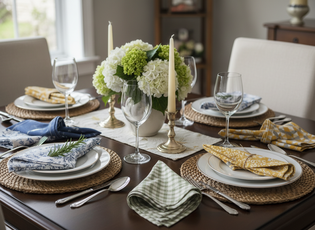 set of elegant cloth napkins in coordinating patterns folded beautifully