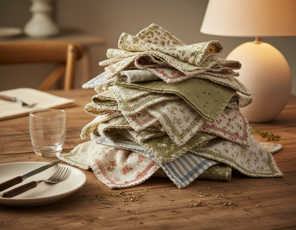 set of hand-sewn cloth napkins with decorative stitching folded on dining table set of hand-sewn cloth napkins with decorative stitching folded on dining table