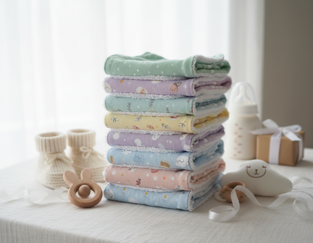 set of handmade baby burp cloths in soft fabrics
