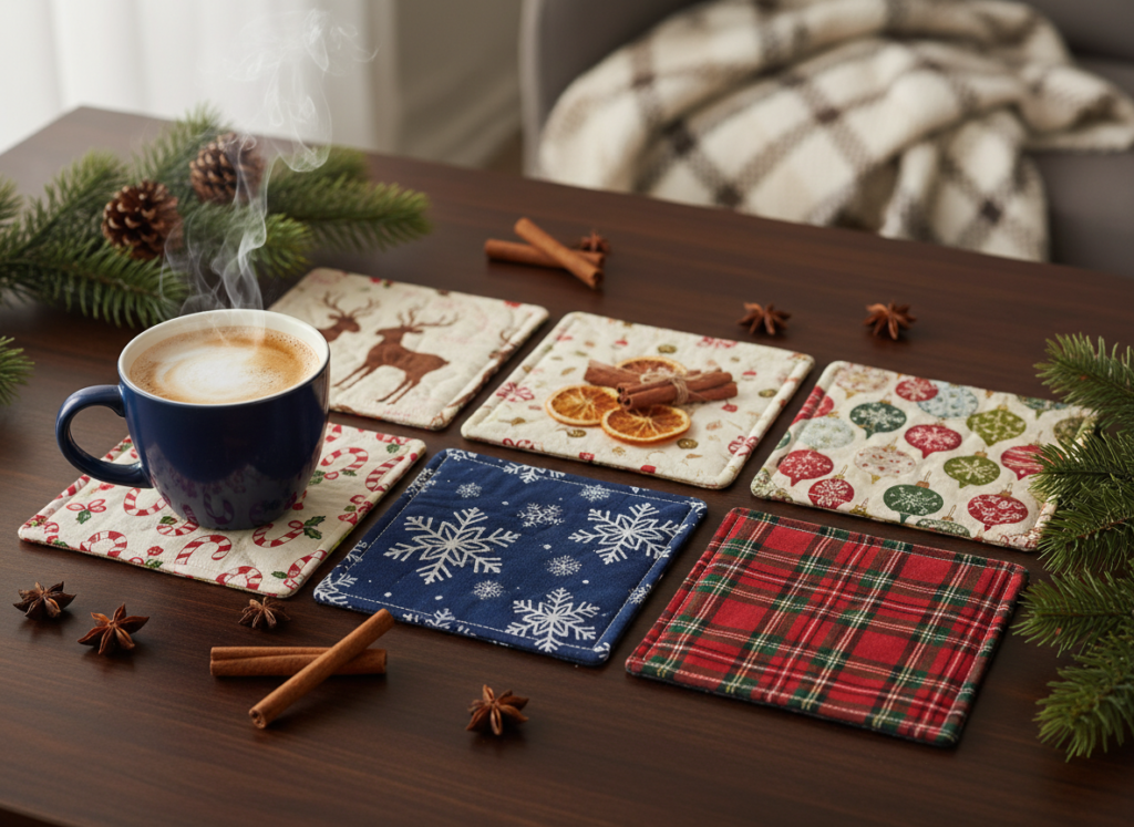 set of handmade fabric coasters in christmas patterns with decorative stitching
