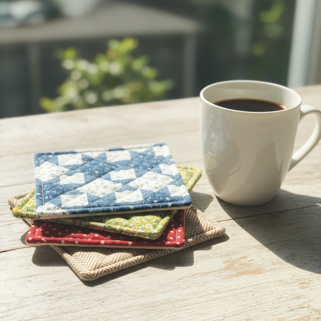 set of handmade fabric coasters in coordinating patterns