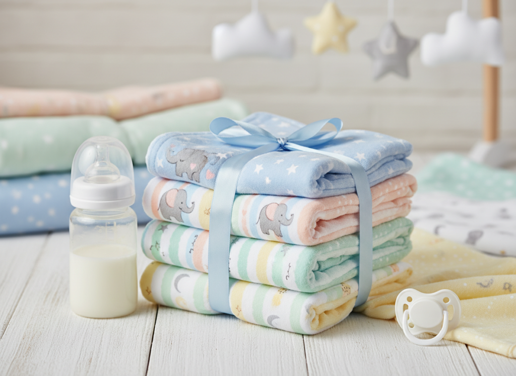 set of matching burp cloths in baby-themed fabrics