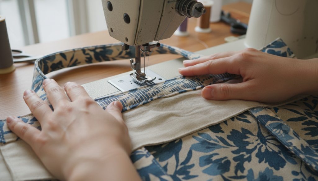 sewing around top edge of tote bag joining outer and lining