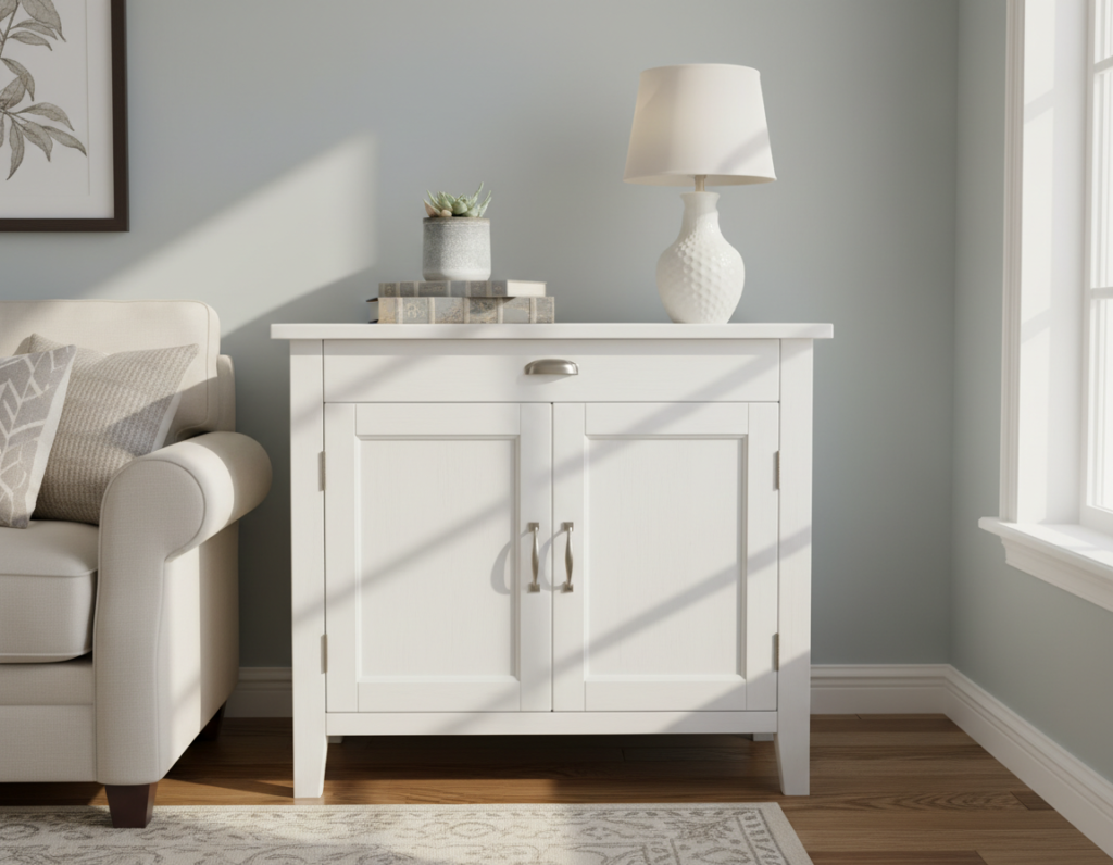 sewing cabinet with closed doors hiding supplies