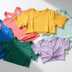 sewing easy DIY shirt cutting ideas displayed on colorful t-shirts with various cutting patterns