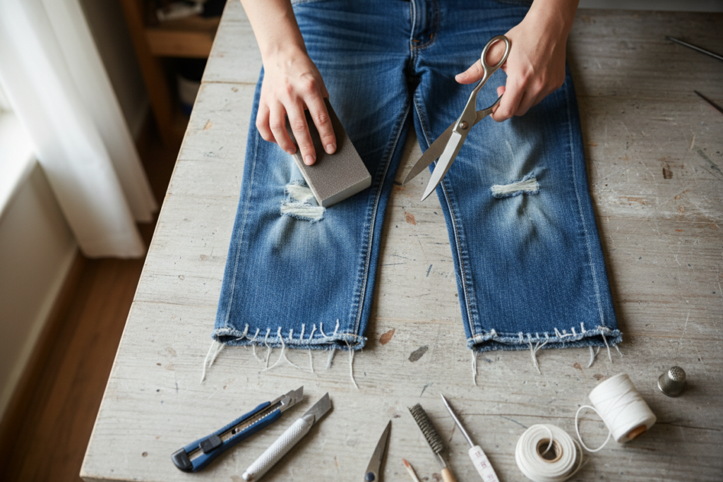 sewing easy diy clothing hacks showing denim distressing technique