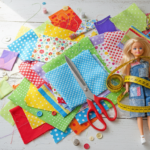 sewing easy diy dress Barbie clothes free pattern layout with fabric and scissors