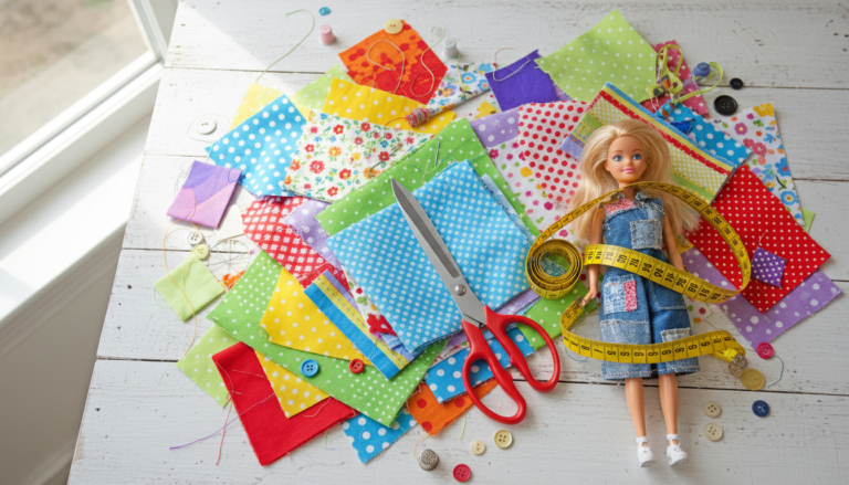 sewing easy diy dress Barbie clothes free pattern layout with fabric and scissors