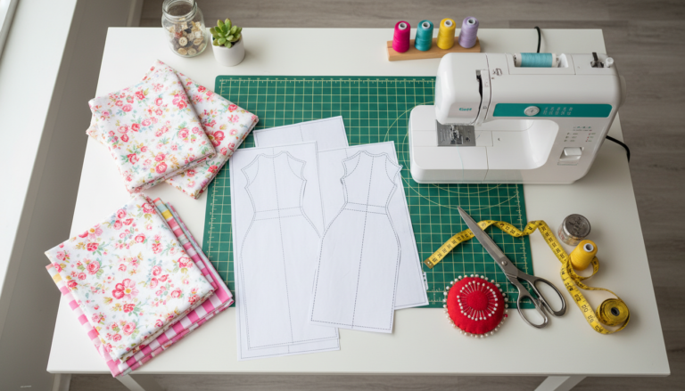 sewing easy diy dress pattern tutorials workspace with fabric and patterns