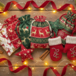 sewing easy diy gifts Christmas with colorful fabric gifts arranged around a decorated tree