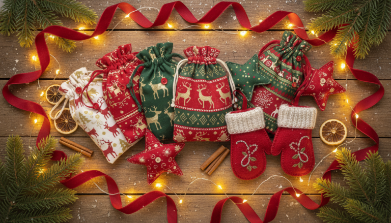 sewing easy diy gifts Christmas with colorful fabric gifts arranged around a decorated tree