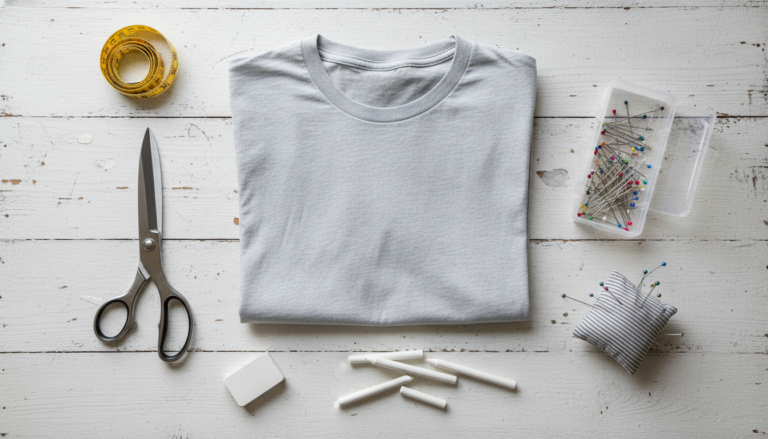 sewing easy diy neck Tshirt cuting supplies laid out on table