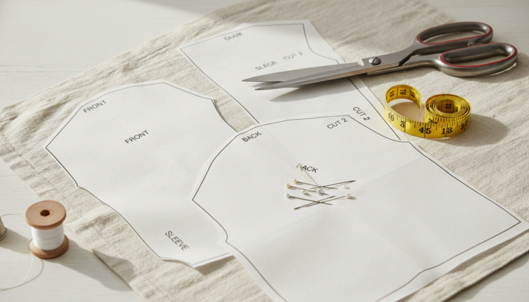 sewing easy diy top pattern layout on fabric with scissors and measuring tape