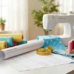 sewing easy diy top with fabric and pattern on workspace