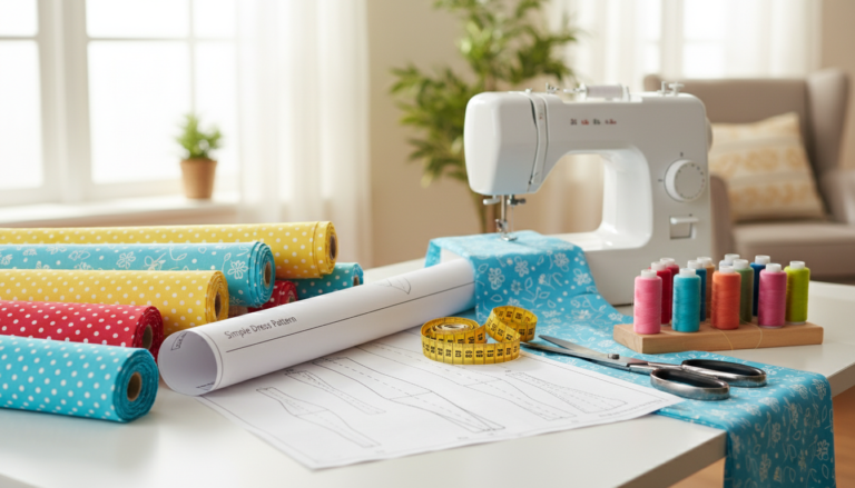 sewing easy diy top with fabric and pattern on workspace