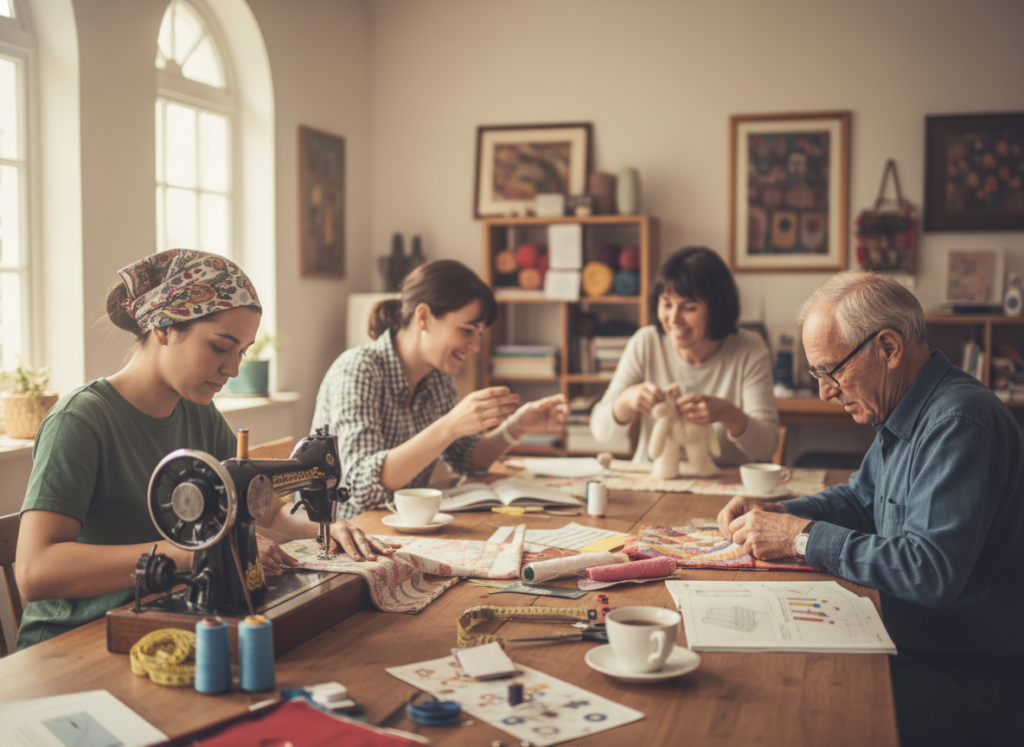 sewing group working on projects together