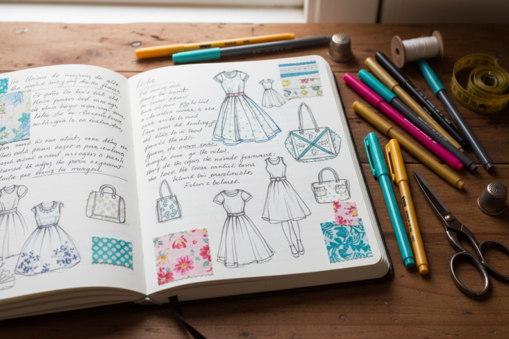 sewing journal with fabric swatches and notes