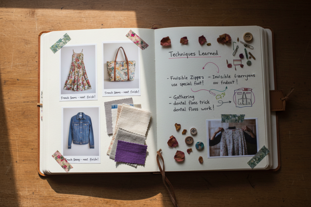 sewing journal with photos of completed projects