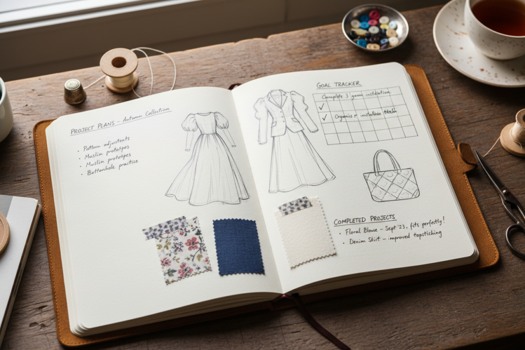 sewing journal with project plans and goals