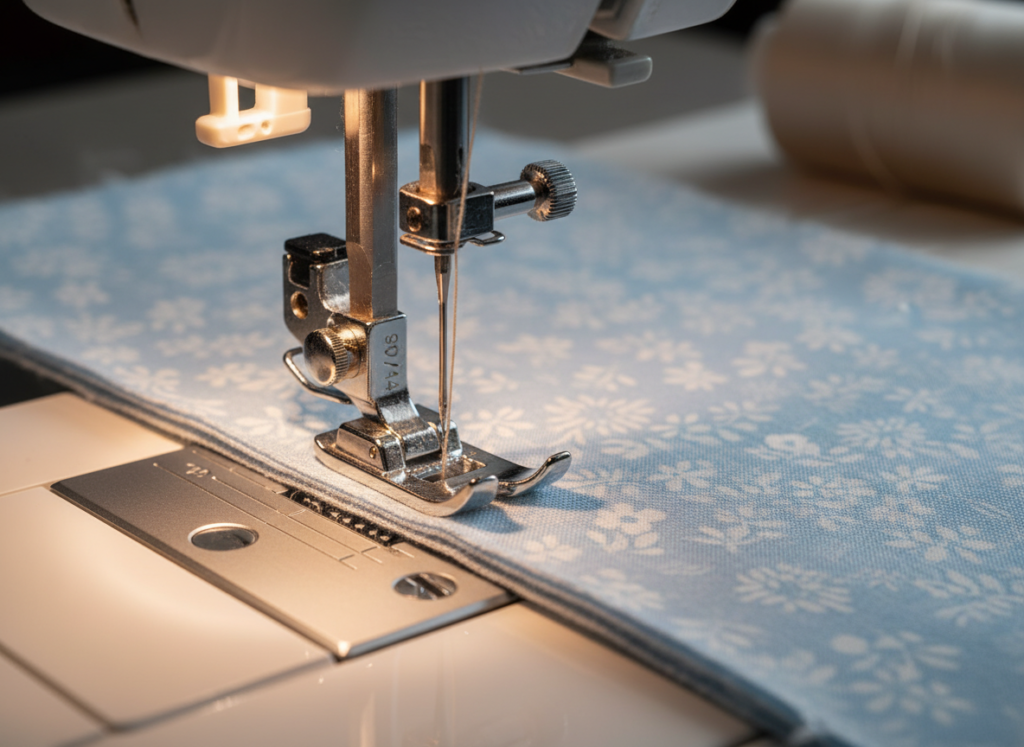 sewing machine needle and presser foot with fabric