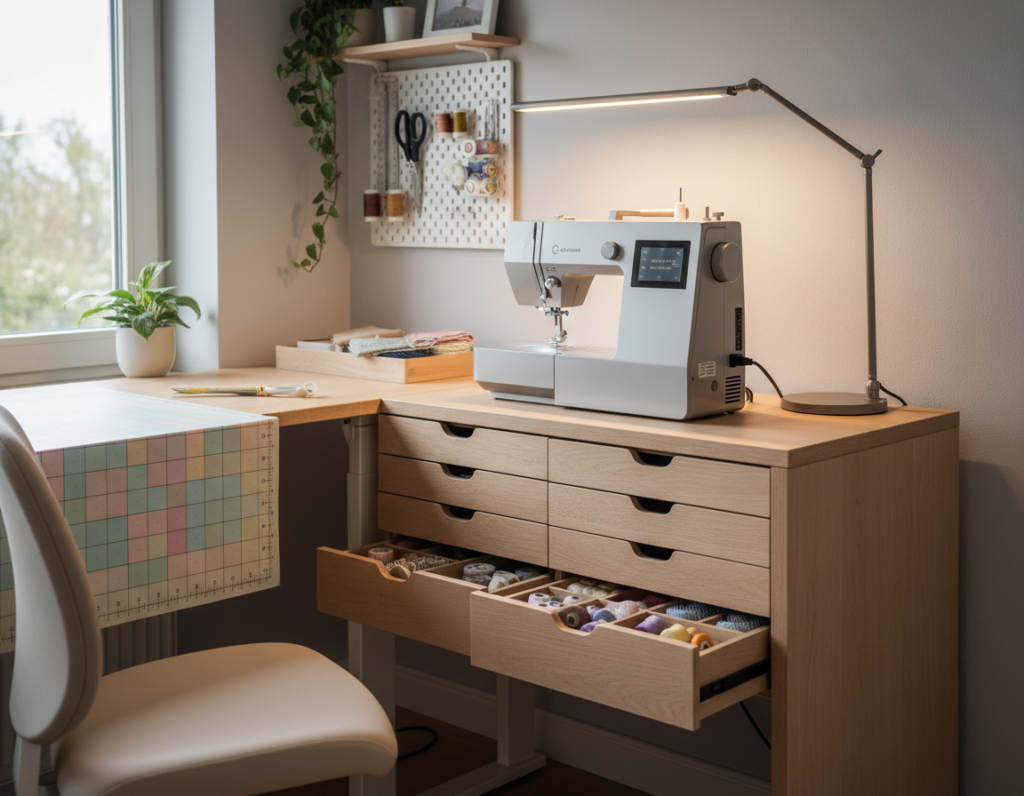 sewing machine on custom cabinet at perfect ergonomic height