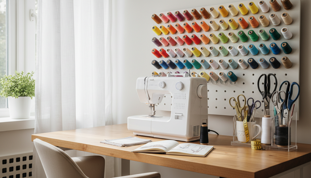 sewing machine on organized desk with supplies