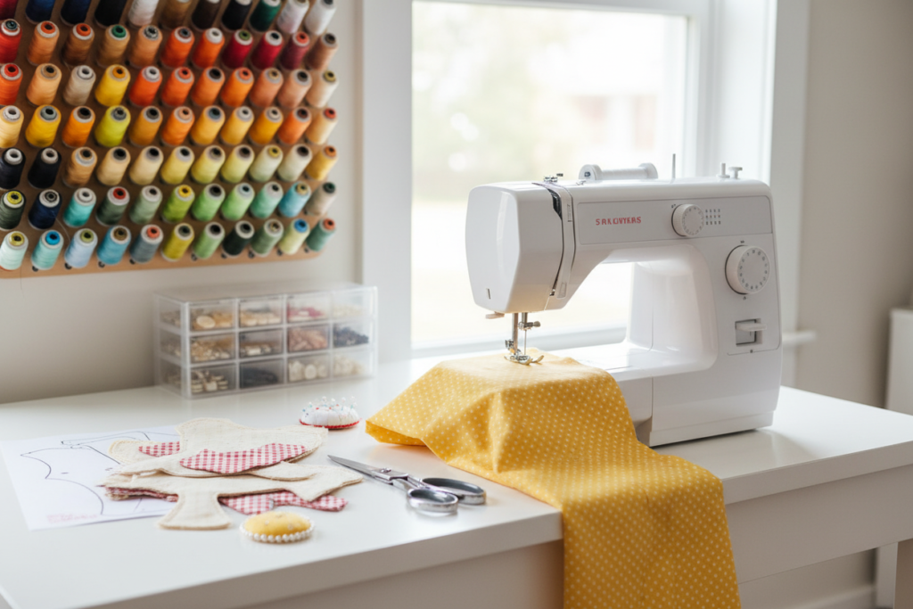 sewing machine setup ready for chicken sewing pattern stuffed toy creation