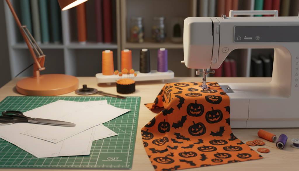 sewing machine setup with halloween fabric and pattern pieces