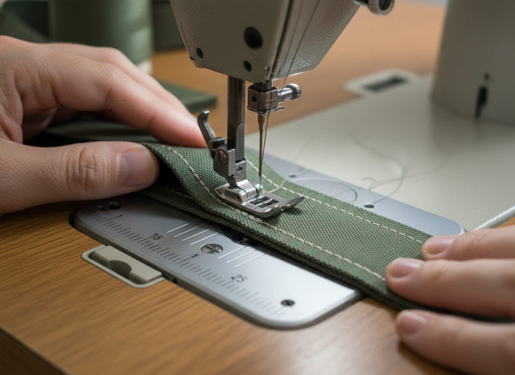 sewing machine stitching along strap edge