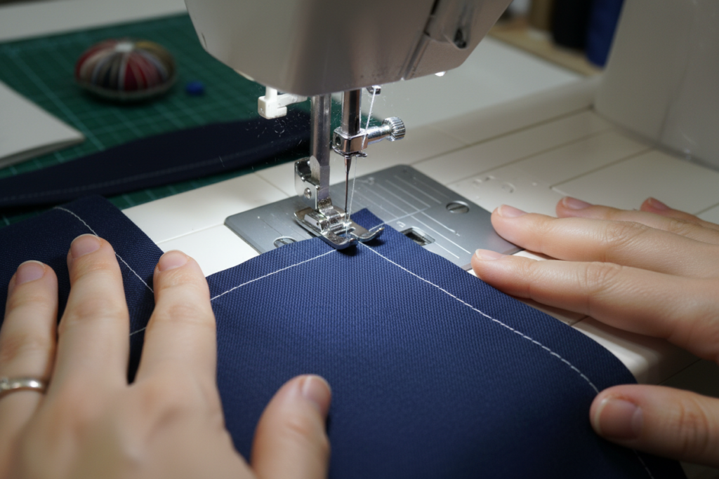 sewing machine stitching apron hem