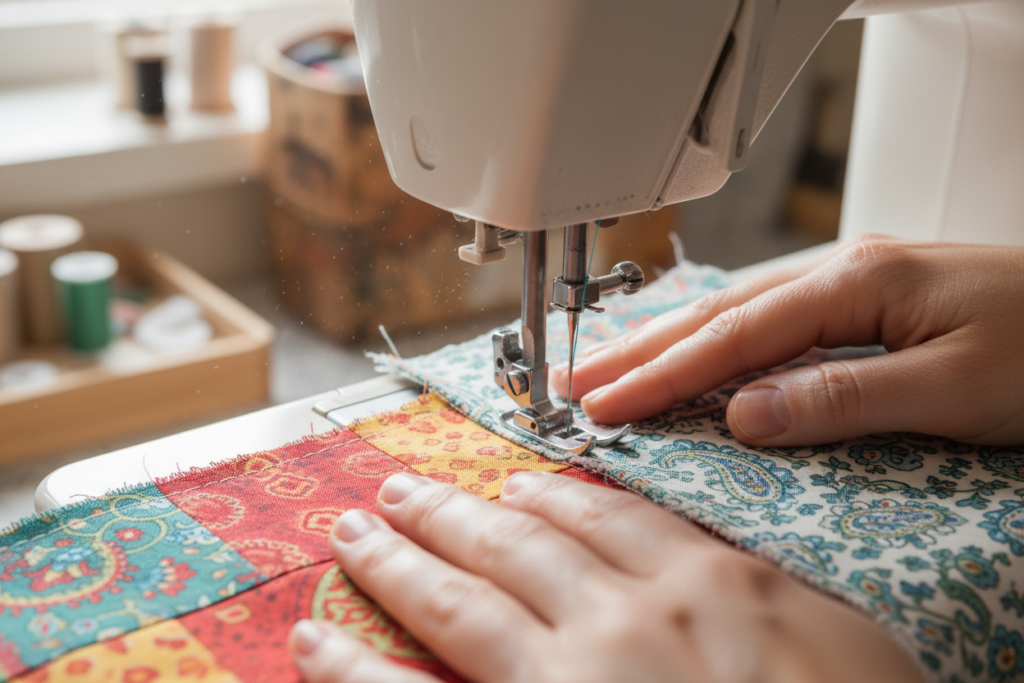 sewing machine stitching bag seams with fabric right sides together