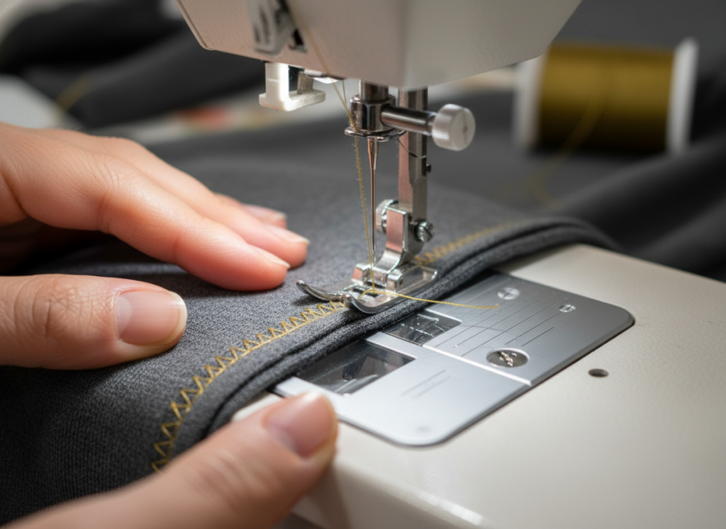 sewing machine stitching shoulder seam of dress