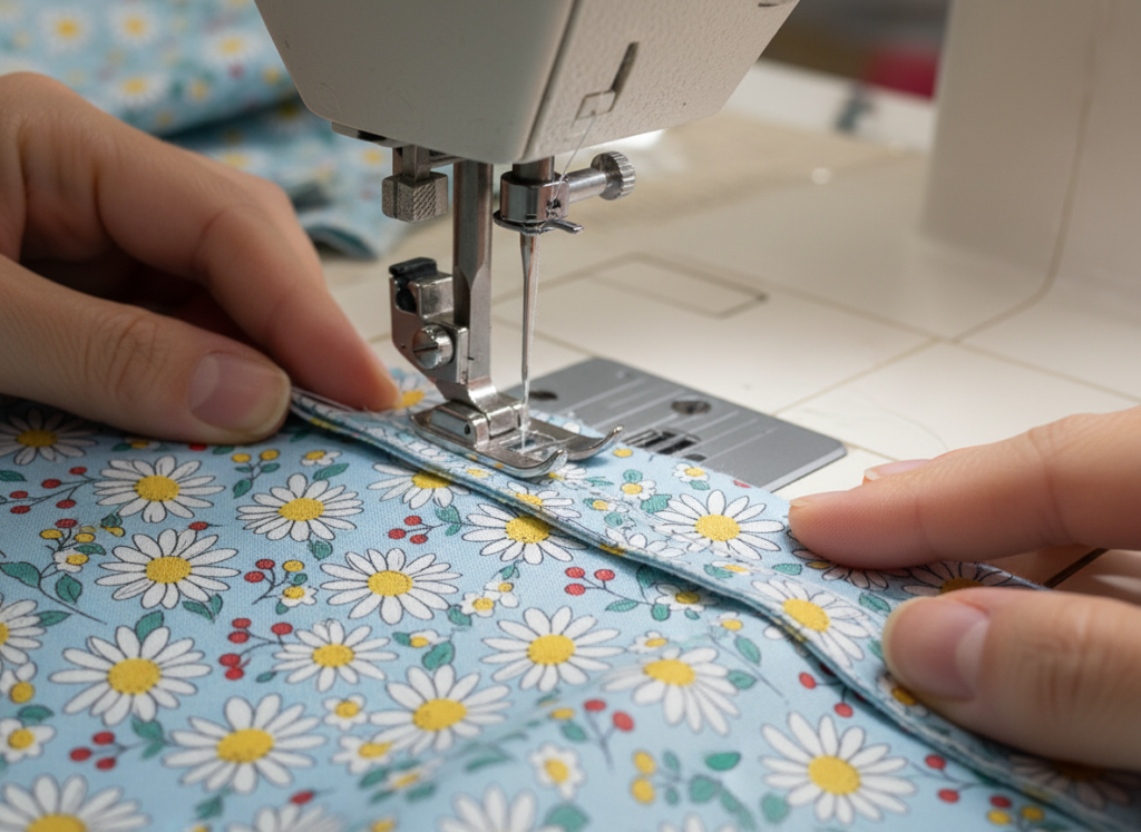 sewing machine stitching shoulder seam of top