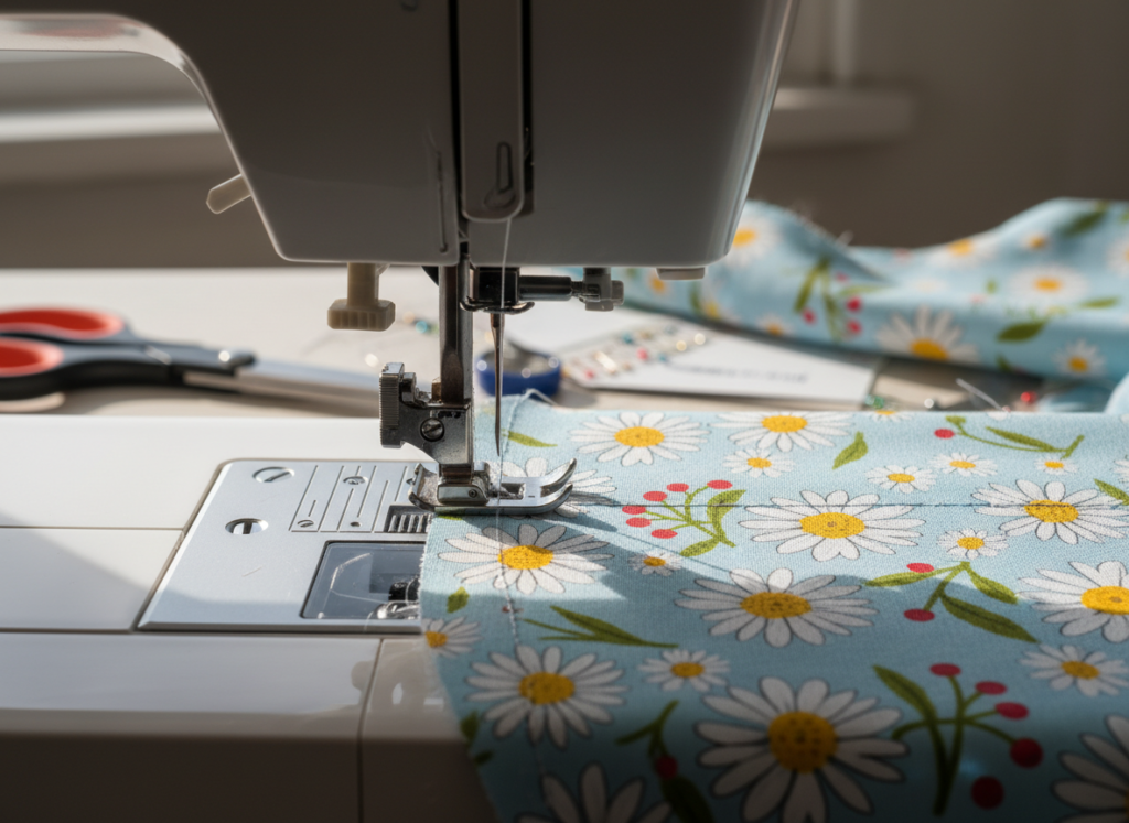 sewing machine stitching shoulder seam of top