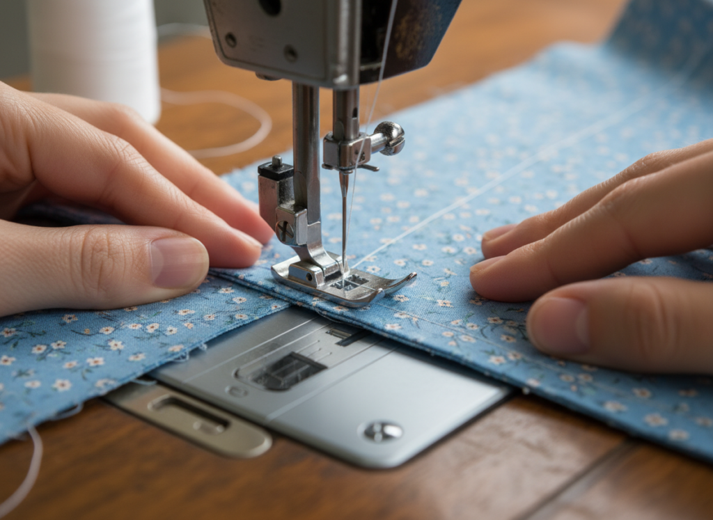 sewing machine stitching side seam of tote bag