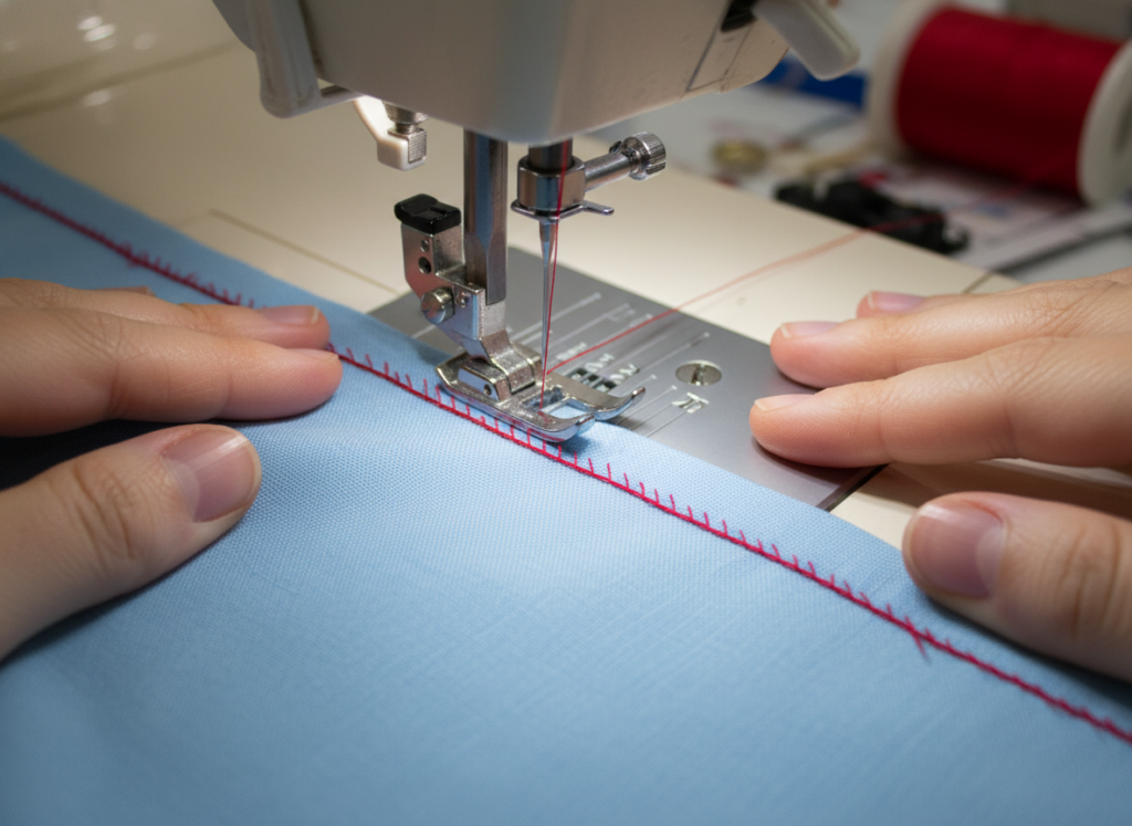sewing machine stitching straight seam on dress fabric