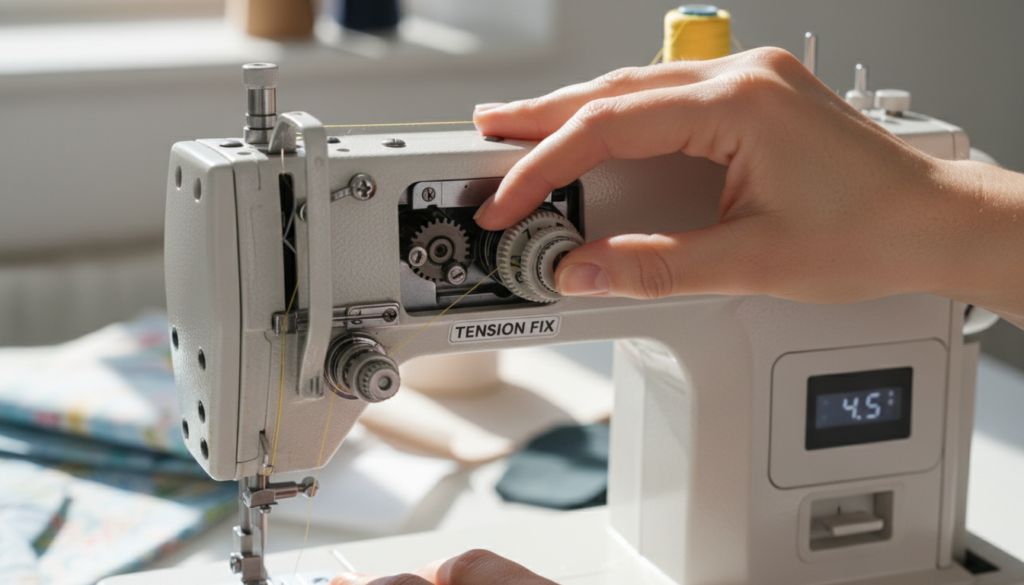 sewing machine tension adjustment being made