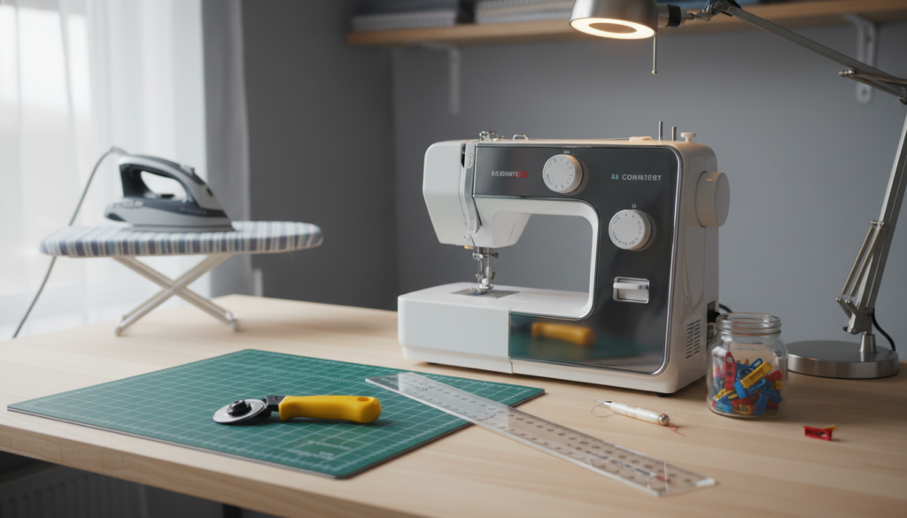 sewing machine with accessories on clean workspace
