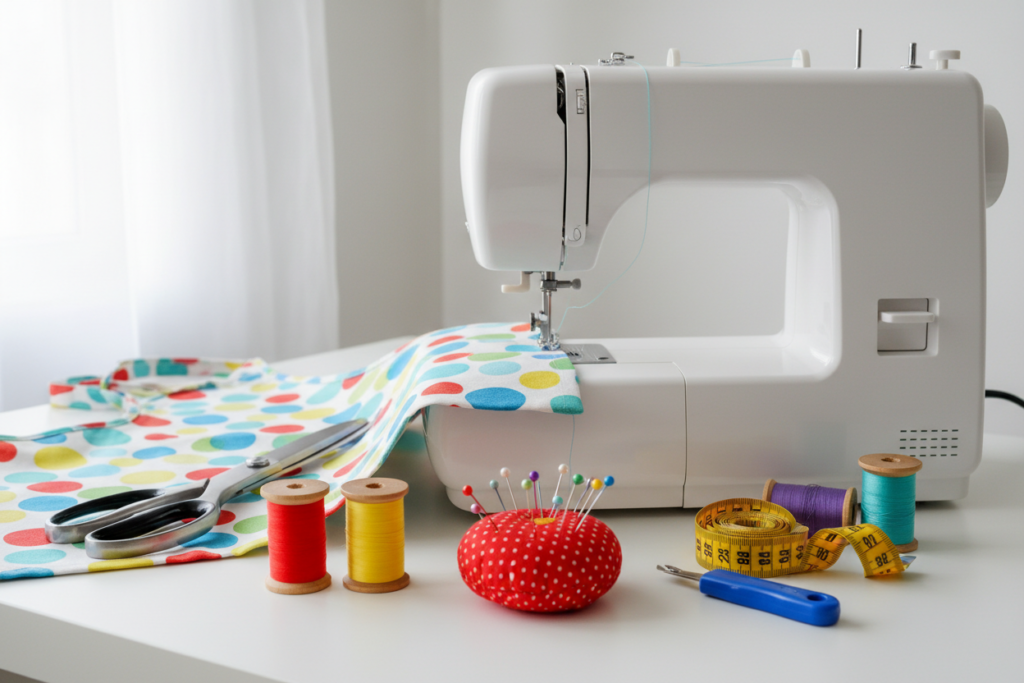 sewing machine with apron fabric and basic sewing tools